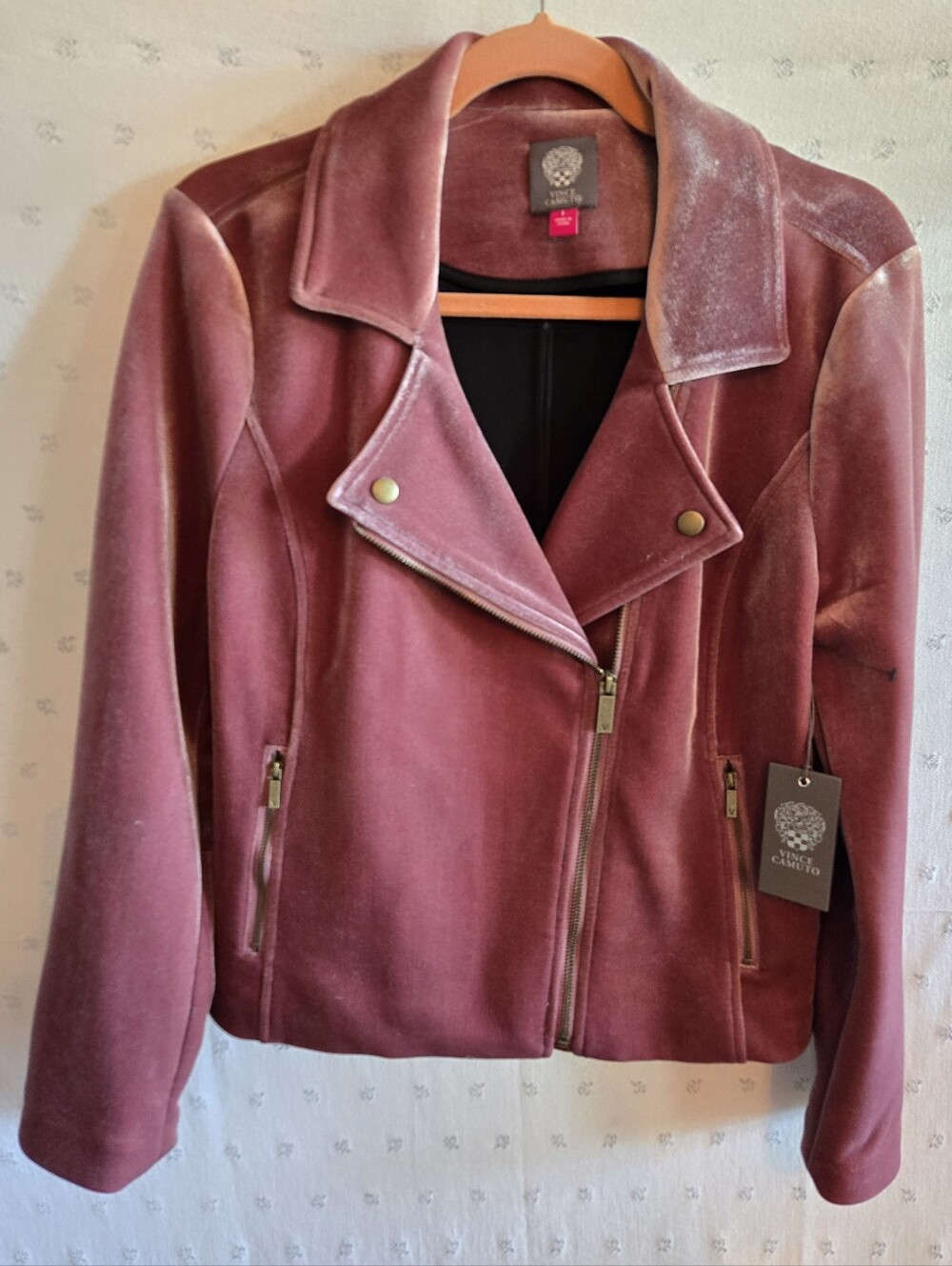 NWT Vince Camuto Dusty Rose Prosecco Velvet Gilded Rose Moto Jacket  Size L
